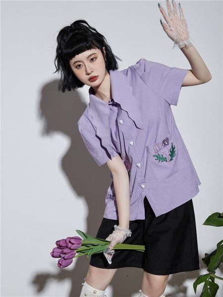 Damenblusen, Hemden, Vintage-Lila, bestickte Blumenbluse, Damen-Hemd mit Knöpfen, Puffärmel-Oberteil und koreanische Modekleidung für Damen