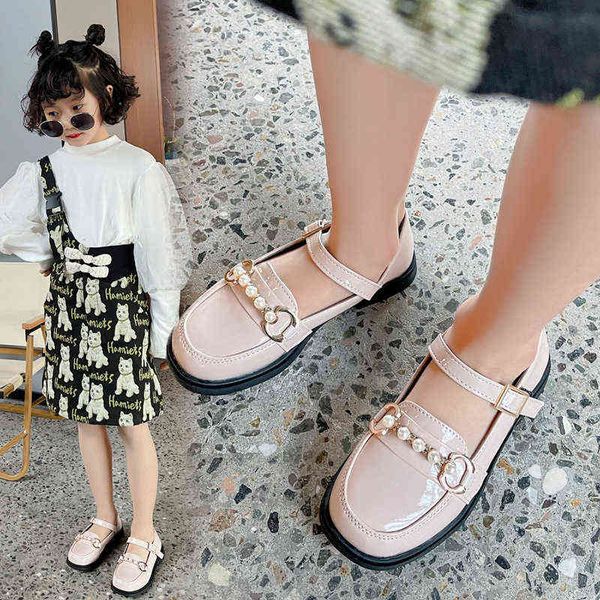 

children's british spring and autumn leather shoes 2022 new girls pearl casual loafers with pearls shallow mary janes fashion g220418, Black;red