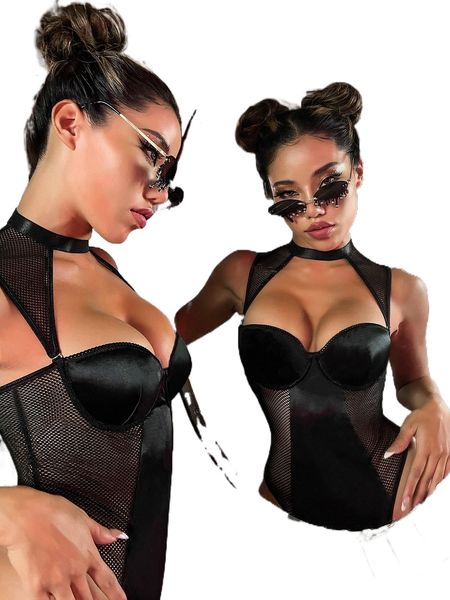 

contrast mesh teddy bodysuit with choker e3gc#, Black;red