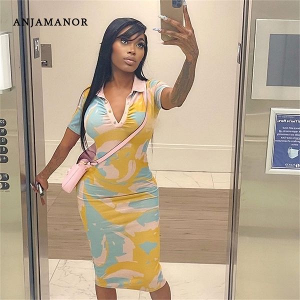 

anjamanor woman dress fall outfits fashion printed v neck bodycon midi dresses casual vistido feminino d85 cg22 220614, Black;gray