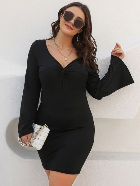 

plus twist front trumpet sleeve bodycon dress s4br#, Black