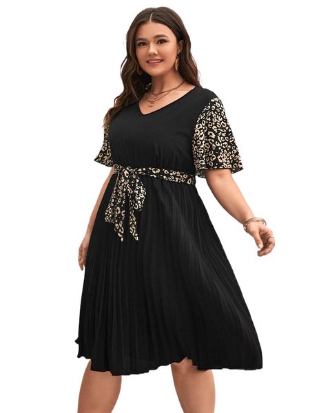 

plus leopard print pleated hem belted dress b9hq#, Black