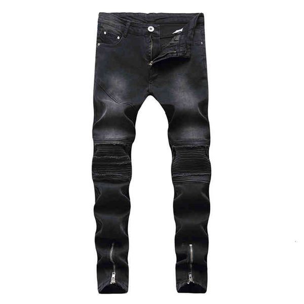 

men's jeans spring and autumn high street trend wrinkled hole jeans men's locomotive elastic straight slim fit pants s5f0, Blue