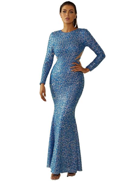 

missord mesh panel split back sequin formal dress o7e2#, Black;gray