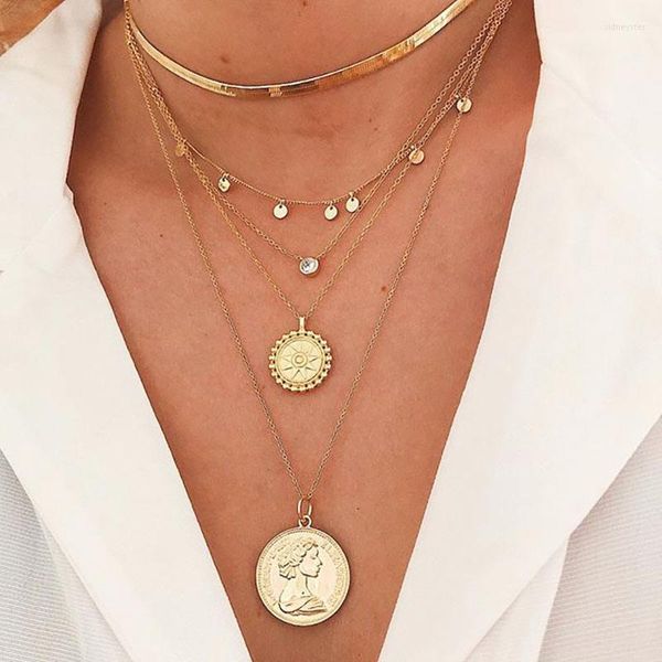 Collane a ciondolo a ciondolo bohemian a catena multistrato in paillettes collana di rinestone per donne ritratti vintage moneta geometrica collier collascendente sid