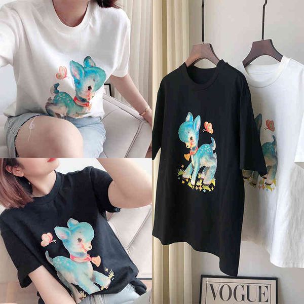

women's t-shirt p9599  fanhua fawn print micro loose t-shirt, White