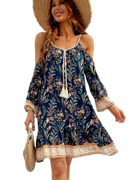 

floral print cold shoulder tassel knot front ruffle hem dress m9xl#, Black;gray