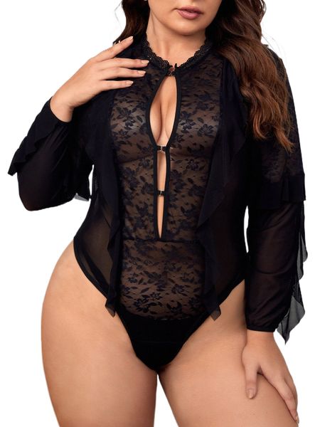 

plus contrast lace ruffle trim teddy bodysuit without liner j372#, Black;white