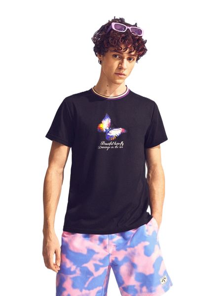 

men slogan & butterfly print contrast binding tee m9ez#, White;black