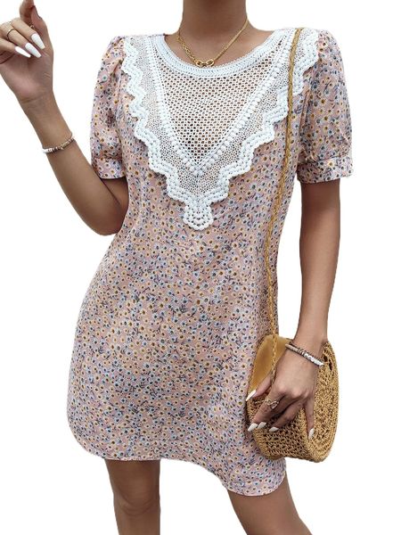 

ditsy floral contrast guipure lace puff sleeve dress g5ev#, Black;gray