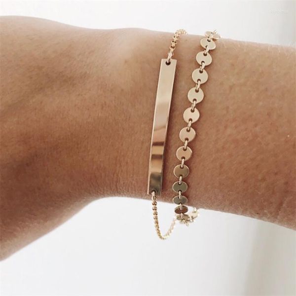 Catena a maglie JUJIE Layered Coin Inciso Nome Long Bar Hands Bracciale Acciaio inossidabile 316L Placcato oro 14K Gioielli moda corpo donna Kent22