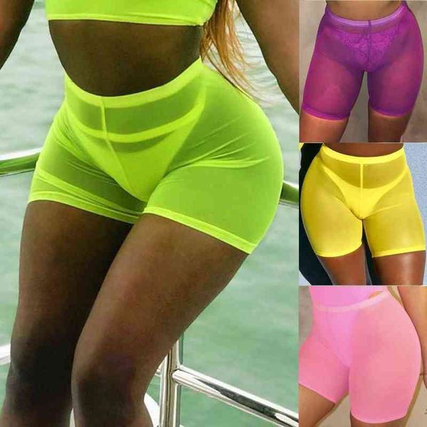 OMSJ New Vita alta Donna Sexy Neon Verde Rosa Prospettiva Mesh Sheer Swim Shorts Bikini Bottom Cover Up Solid Beachwear Y220417