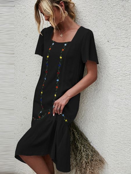 

embroidery detail flounce hem dress x92q#, Black;gray