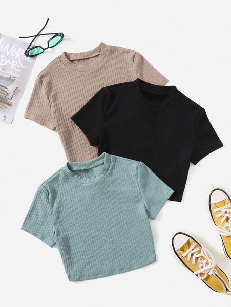 

3 pack solid rib-knit tee d6h1#, White