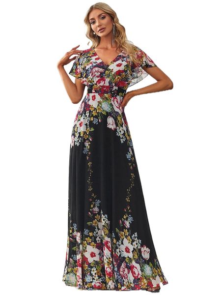 

ever-pretty floral print butterfly sleeve tie back chiffon formal dress e1d8#, Black;gray