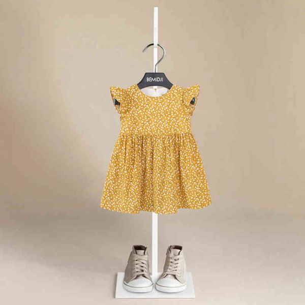 Tasarım Yaz Kızları Moda Çiçekleri Baskı Pamuk Elbise Çocuk Giysileri Bebek Kız Sevimli Kolsuz İnce Elbise Plaj Doğum Günü G220506