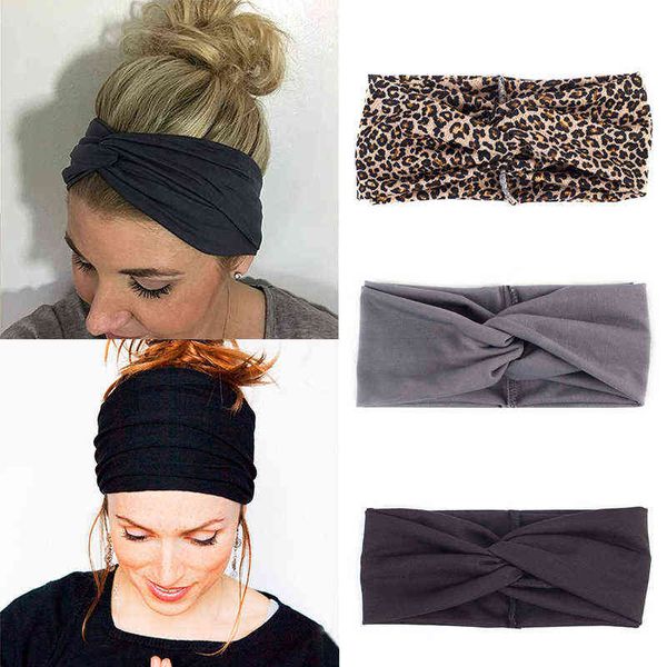 Moda Mulheres Headband Leopard Sólida Cross Nó Band Band Lady Girls Torção Elastic Hairband Yoga Turban Acessórios AA220323