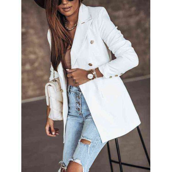 

fall/winter women's new fashion blazer double-breasted pure color simple mid-length blazer l220714, White;black