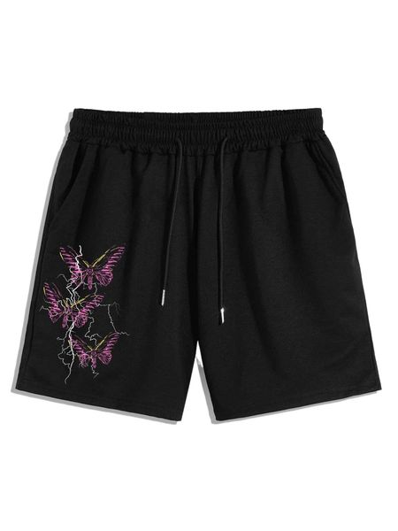

romwe guys butterfly print drawstring shorts o4ht#, White;black