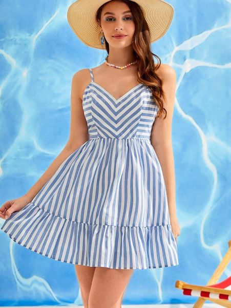 

striped print ruffle hem dress s9hx#, Black;gray