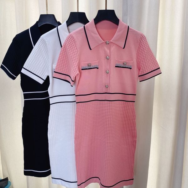 

303 2022 milan runway spring summer brand same style sweater short sleeve white black pink lapel neck striped pullover womens beike