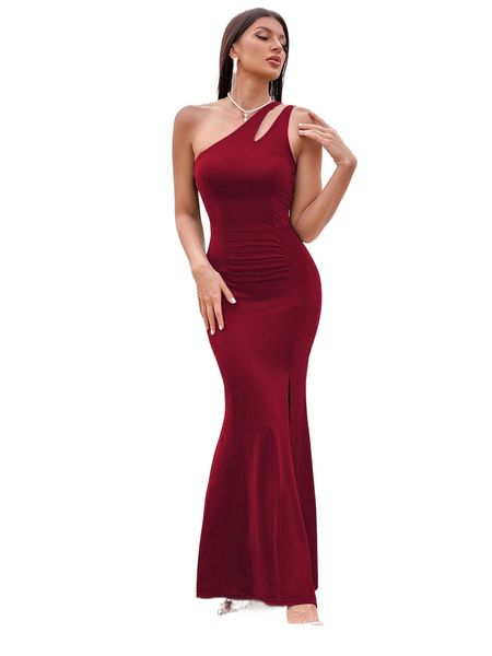 

one shoulder split thigh dress 50pn#, Black;gray