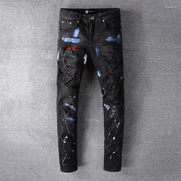 

men's jeans crystal blue painted black fashion slim skinny rhinestone holes ripped patchwork stretch denim pants