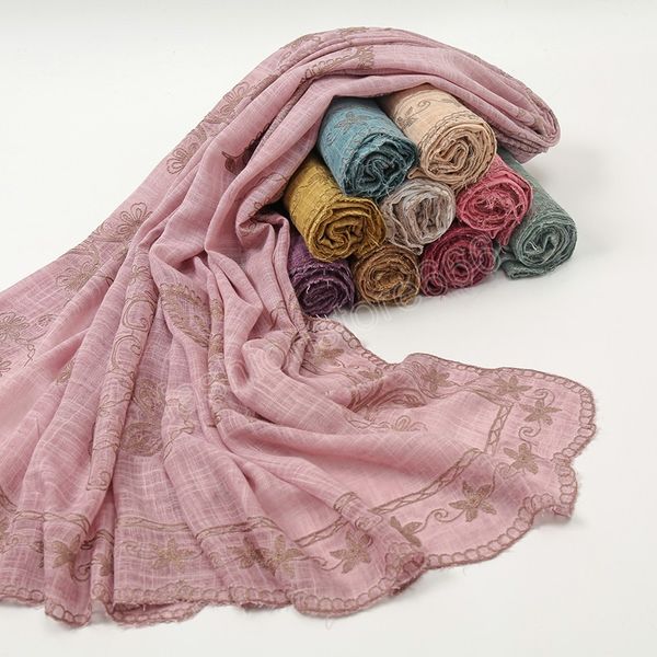 Hijab in cotone ricamato per donna Scialli sciarpe con fiori in pizzo Foulard musulmano Avvolge fascia Bandana Stile messicano