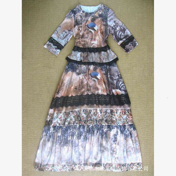 

casual dresses 2022 catwalk coffee swan print black lace dress sklr, Black;gray