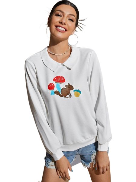 

x saramiel art squirrel & mushroom print peter-pan collar blouse 66bb#, White