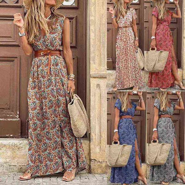 

2022 summer boho v neck long dress women casual paisley print belt maxi dress elegant short sleeve women's beach dress vestidos y220510, Black;gray