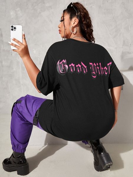 

plus letter graphic drop shoulder oversized tee 15rm#, Black