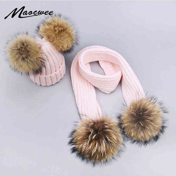 

girl pompon hats and scarves sets winter knitted warm nature fur pom hat scarf thick beanies caps kids baby solid bones, Blue;gray