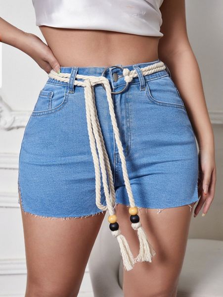 

sxy buckle belted slit raw hem denim shorts c7ol#, White;black