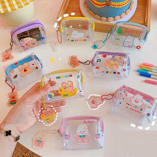 

transparent coin purses lovely keychain jelly wallet clear bags women's mini pouch kids cartoon design pvc zipper short wallets, White