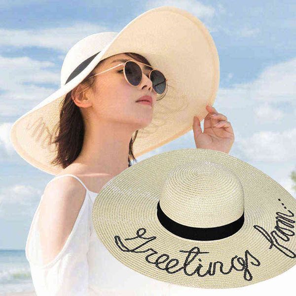 

lady summer holiday beach large brim straw hat women outdoor casual letter travel sun hat panama gorros g220301, Blue;gray