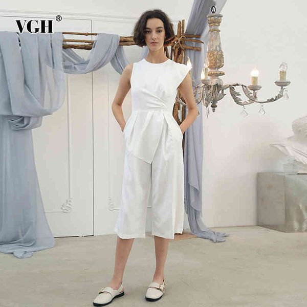 

solid color ruched jumpsuit for women o neck sleeveless high waist wide leg pants jumpsuits female spring fashion 210507, Black;white