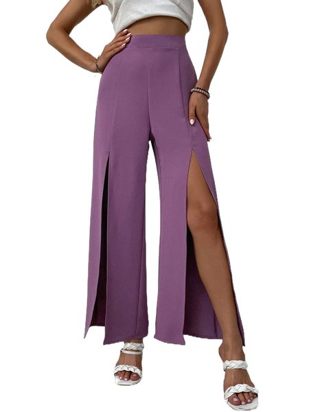 

high waist slit thigh wide leg pants m6m3#, Black;white