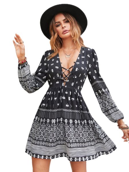 

rusttydustty geo & floral print lace up front lantern sleeve dress j7hi#, Black;gray
