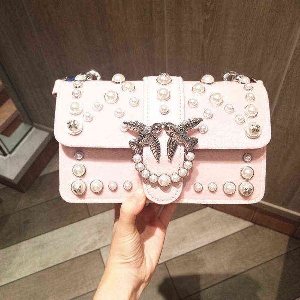 

pinkoos designer bags winter new velvet pearl swallow bag rivet handbag fashion leather shoulder bag bird chain bag yzl aqvc
