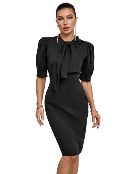 

tie neck puff sleeve split back dress w3yh#, Black;gray