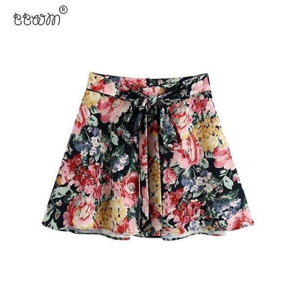 

women vintage fashion floral print bow tied mini skirt high waist back zipper skirts chic faldas mujer 210531, Black