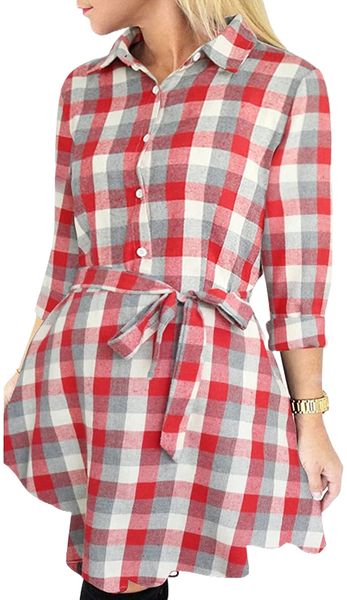 

women long sleeve plaid pattern tunic shirt casual dress x3du#, Black;gray