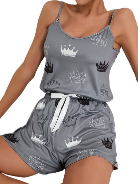 

crown print cami & tie waist shorts pj set t7fz#, Black;red