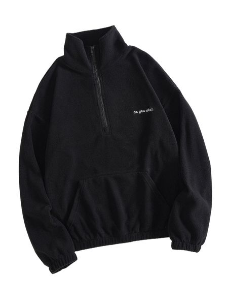 

slogan embroidery half zip fleece sweatshirt z8ls#, Black