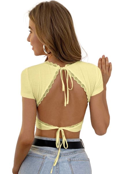 

contrast lace cut out tie back tee t40b#, White
