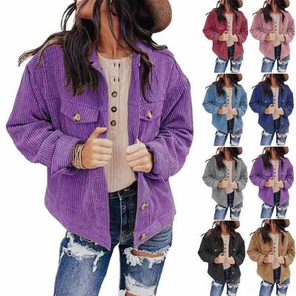 

women's jackets 2022 autumn winter women's solid color jacket cardigan loose corduroy jacket x94c, Black;brown