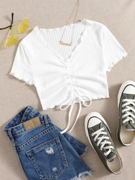 

lettuce trim drawstring ruched front crop tee h8dl#, White