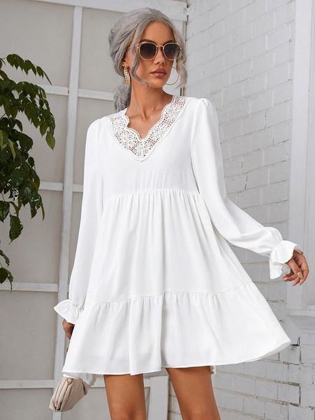 

guipure lace trim flounce sleeve ruffle hem smock dress o8bv#, Black;gray