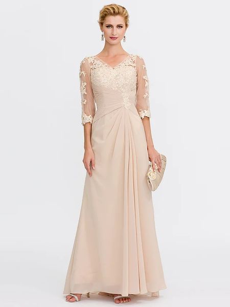 

champagne a-line mother of the bride dress 2022 elegant v neck floor length chiffon sheer lace half sleeve wedding party gowns, Black;red